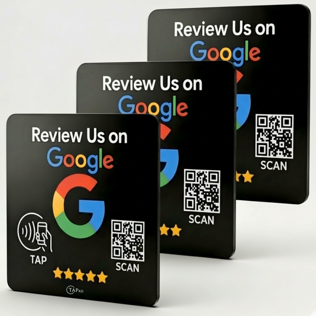 Black NFC review plates with Google logo, QR code, tap icon, and 5 stars for customer feedback collection