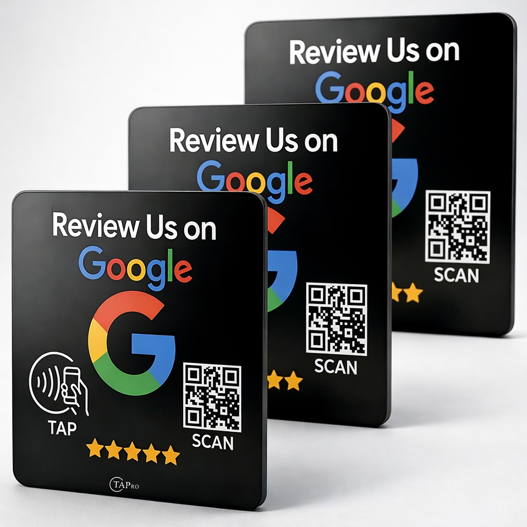 Black NFC review plates with Google logo, QR code, tap icon, and 5 stars for customer feedback collection and local business reputation growth