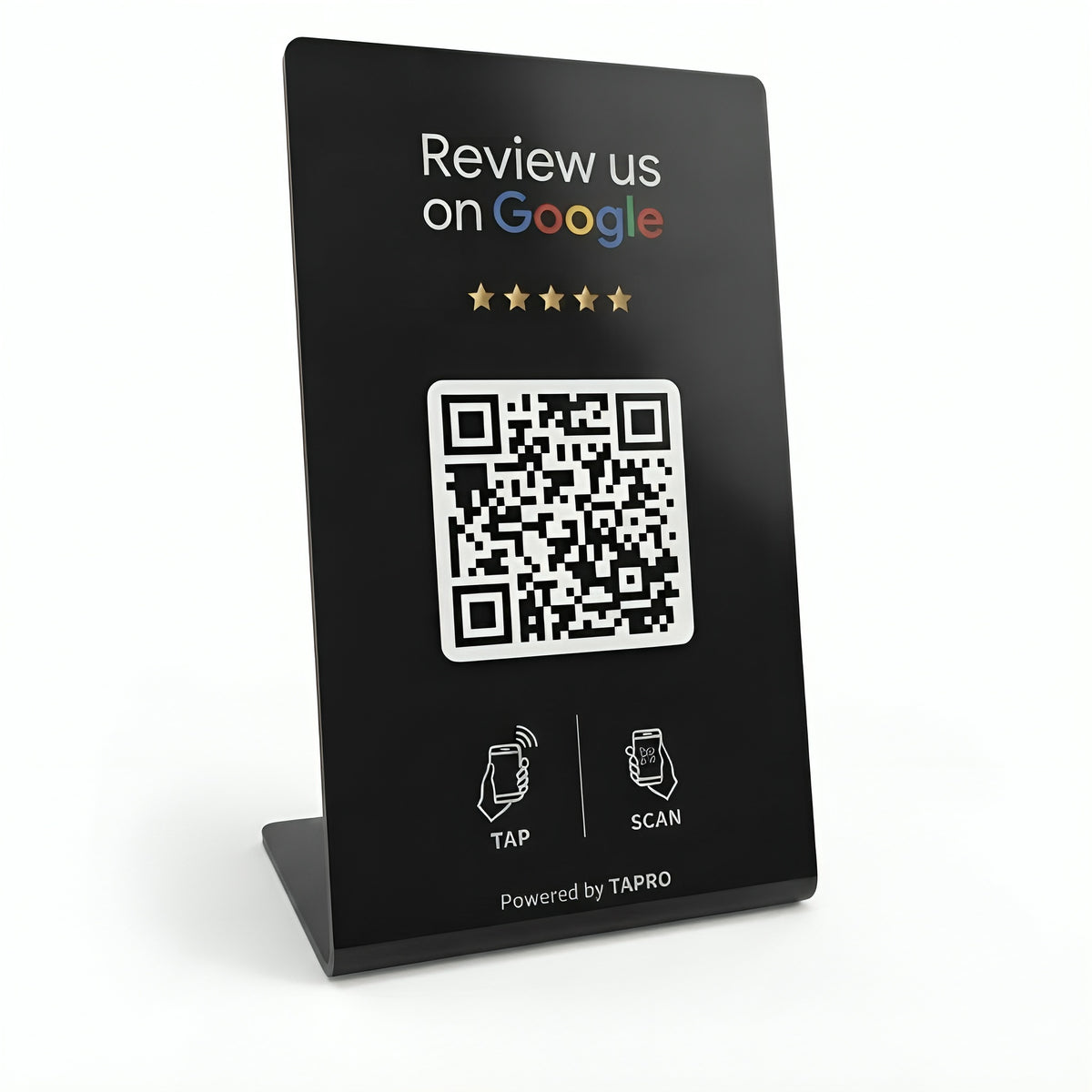 Black TAPro NFC Google review stand with QR code for tap to review customer feedback collection