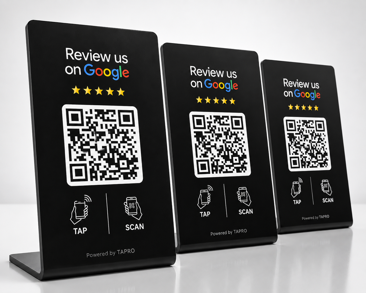 Black TAPro NFC Google review stands with QR codes for tap-to-review customer feedback collection