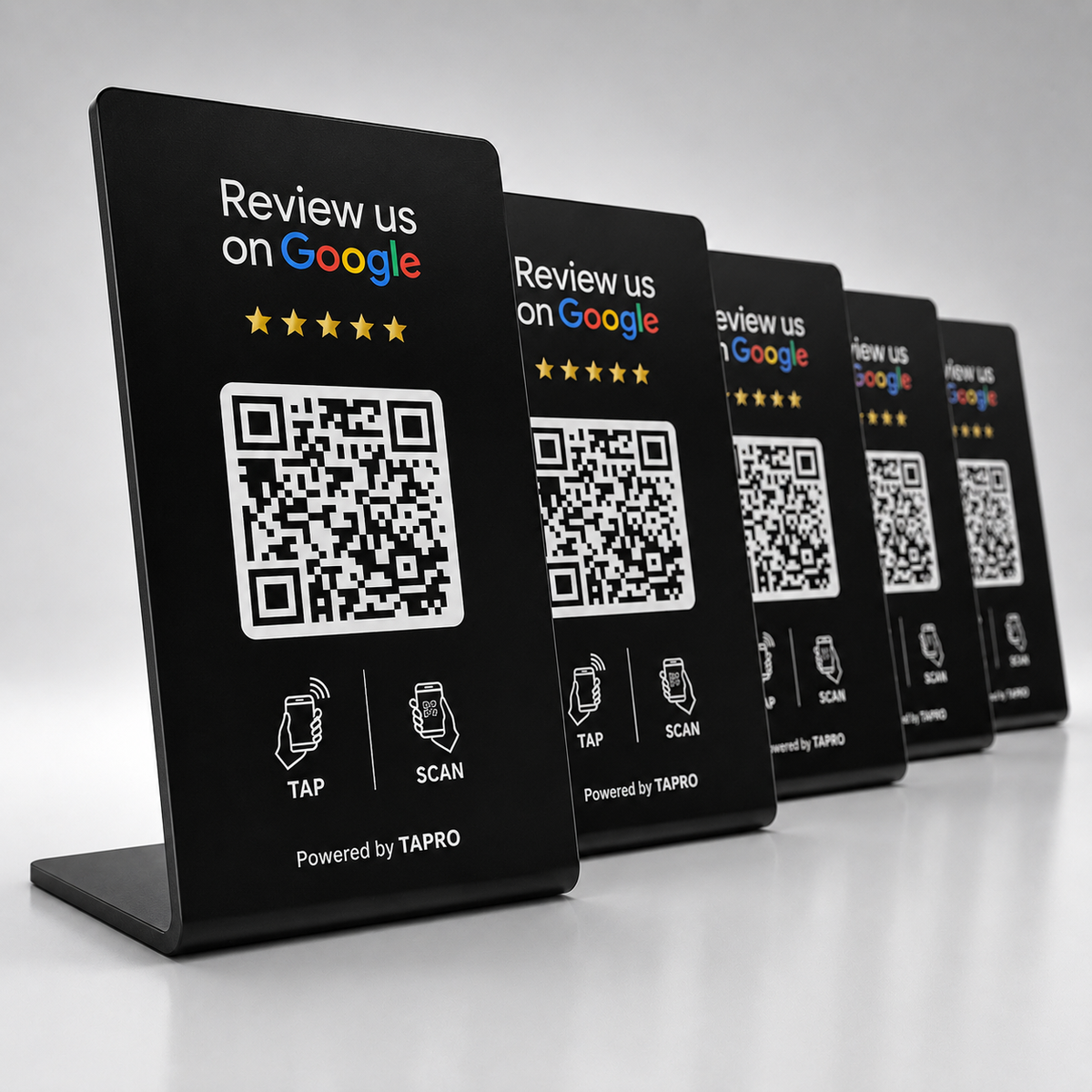 Black TAPro NFC Google review stands with QR codes for easy customer review collection.