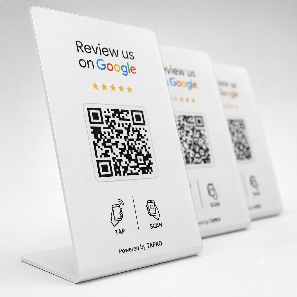 White NFC Google review stand with QR code for easy customer review collection