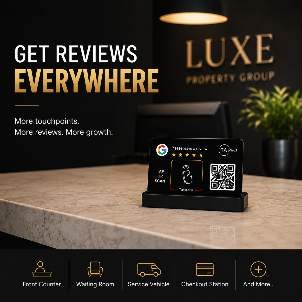 Black NFC review card on stand at front desk, prompting Google reviews via tap or scan for customer feedback and reputation growth.