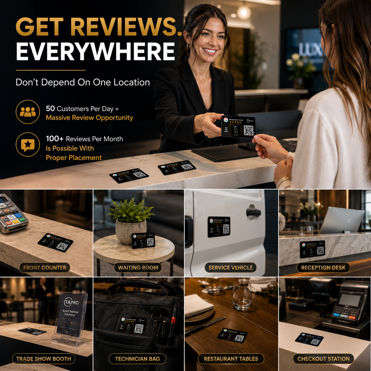 Black NFC review card with QR code handed at counter, used for Google reviews via tap tech in hotels, restaurants, service vehicles & trade shows