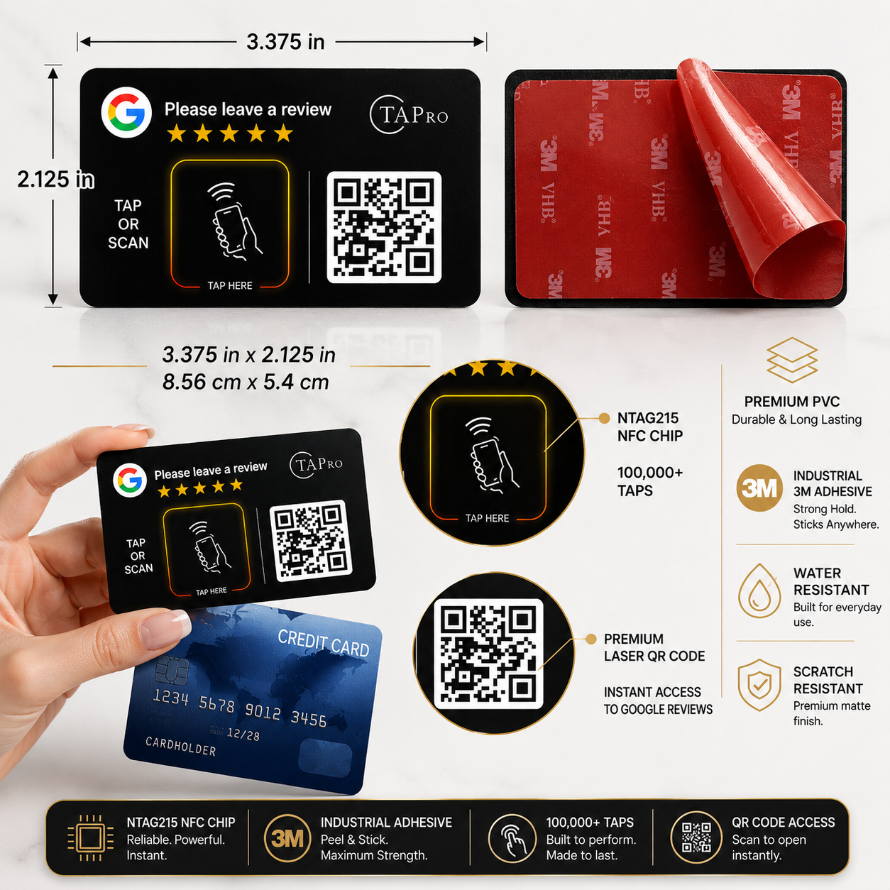 Black NFC review card with Google logo, tap zone, QR code, and 3M adhesive backing for instant customer feedback collection.