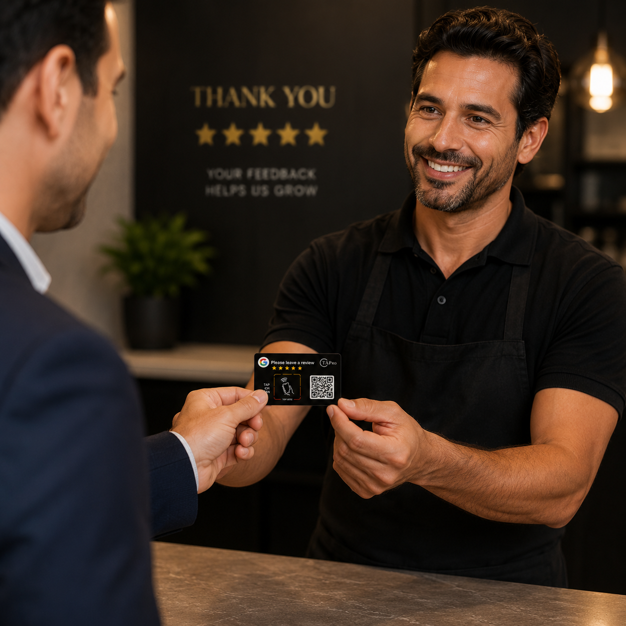 Black NFC review card with QR code handed at counter for Google feedback, boosting local business reputation