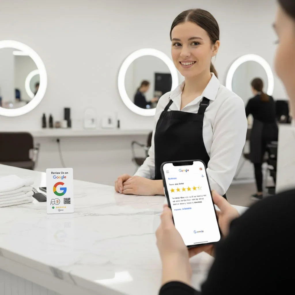 NFC Google Review Card on salon counter for instant 5-star feedback via tap or QR scan