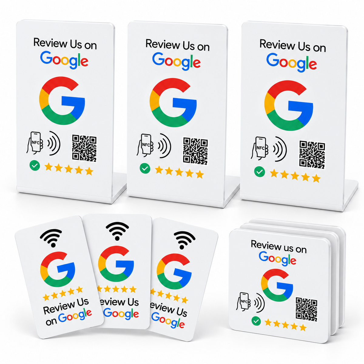 Google Review Dominator Bundle – 10 NFC Review Stands, 5 Cards & 5 2X2  Stickers