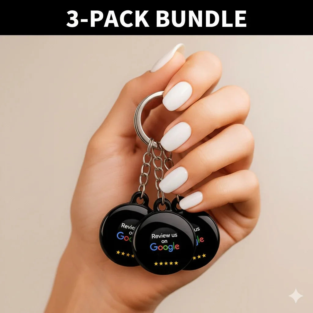 Hand holding a 3-pack bundle of black Google review keychains with five-star rating