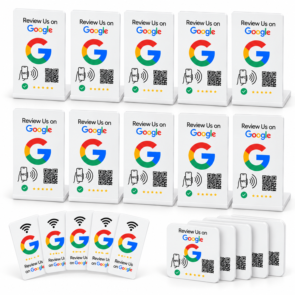 Google Review Dominator Bundle – 10 NFC Review Stands, 5 Cards & 5 2X2  Stickers
