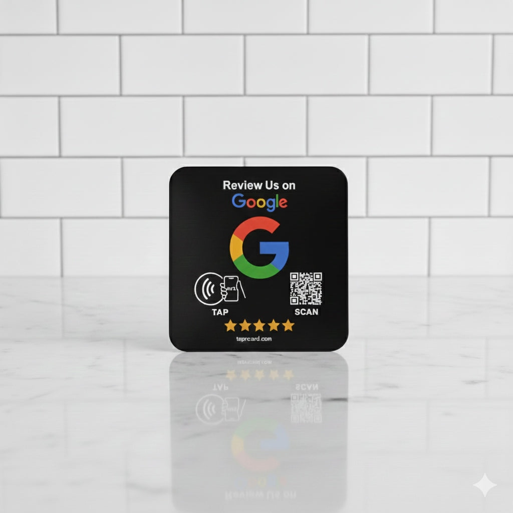 Google Review Sign – 4x4 Inch Black Plaque, NFC & QR Code, Tap to Collect 5-Star Reviews Instantly, Countertop Display | TAPr