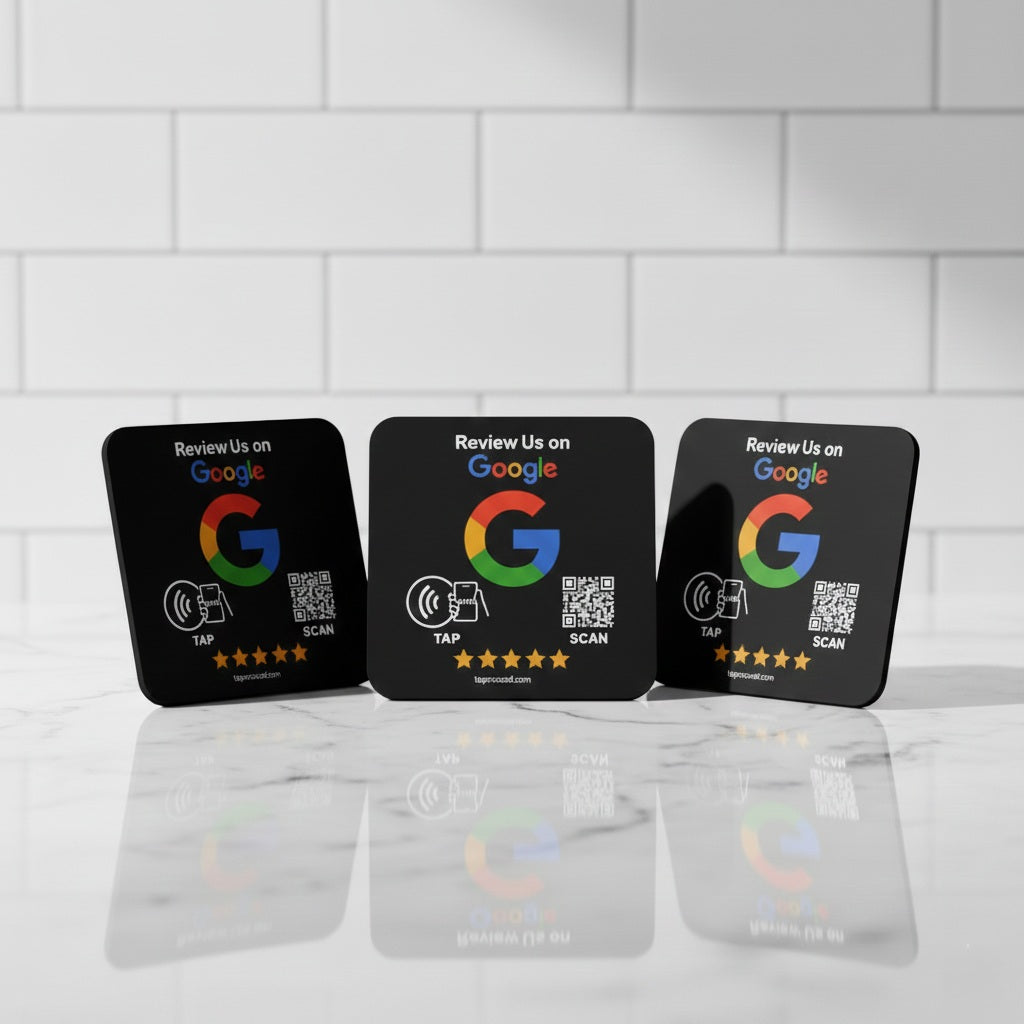 Google Review Sign – 4x4 Inch Black Plaque, NFC & QR Code, Tap to Collect 5-Star Reviews Instantly, Countertop Display | TAPr