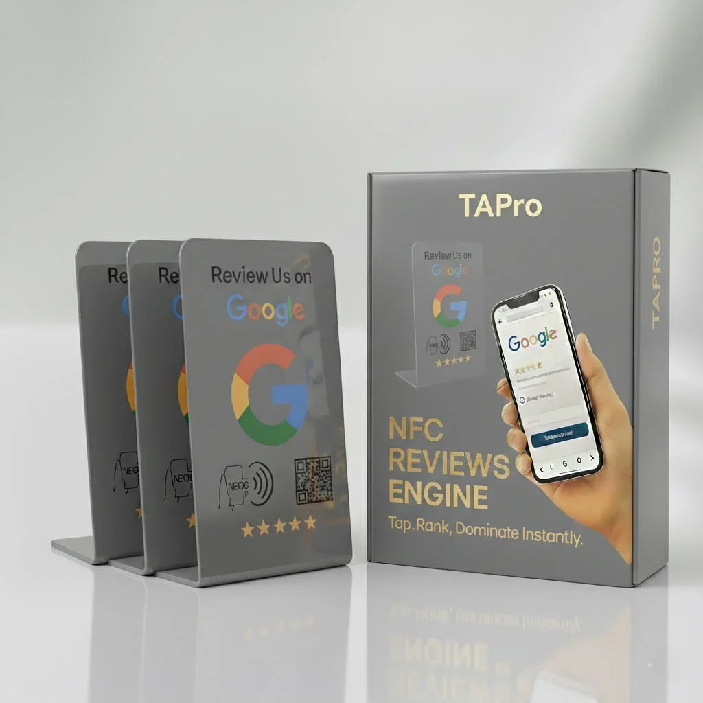 Gray NFC review cards with Google logo, QR code, and tap icon — collect 5-star feedback instantly for local business growth