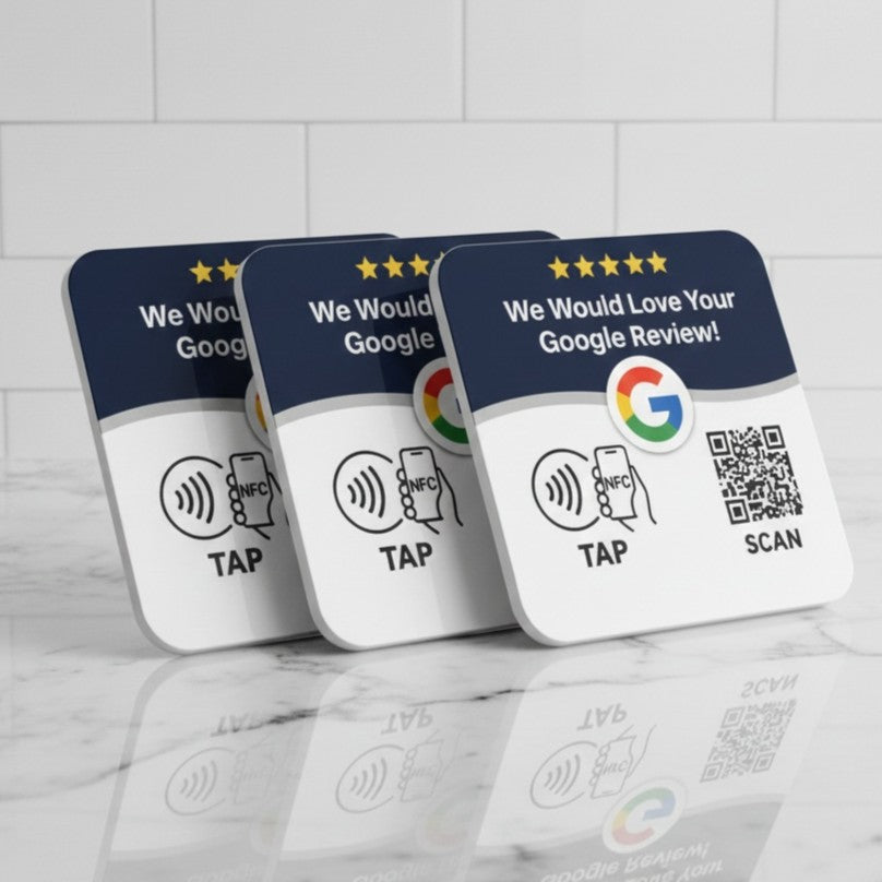 Google Review Sign – 4x4 Inch Black Plaque, NFC & QR Code, Tap to Collect 5-Star Reviews Instantly, Countertop Display | TAPr