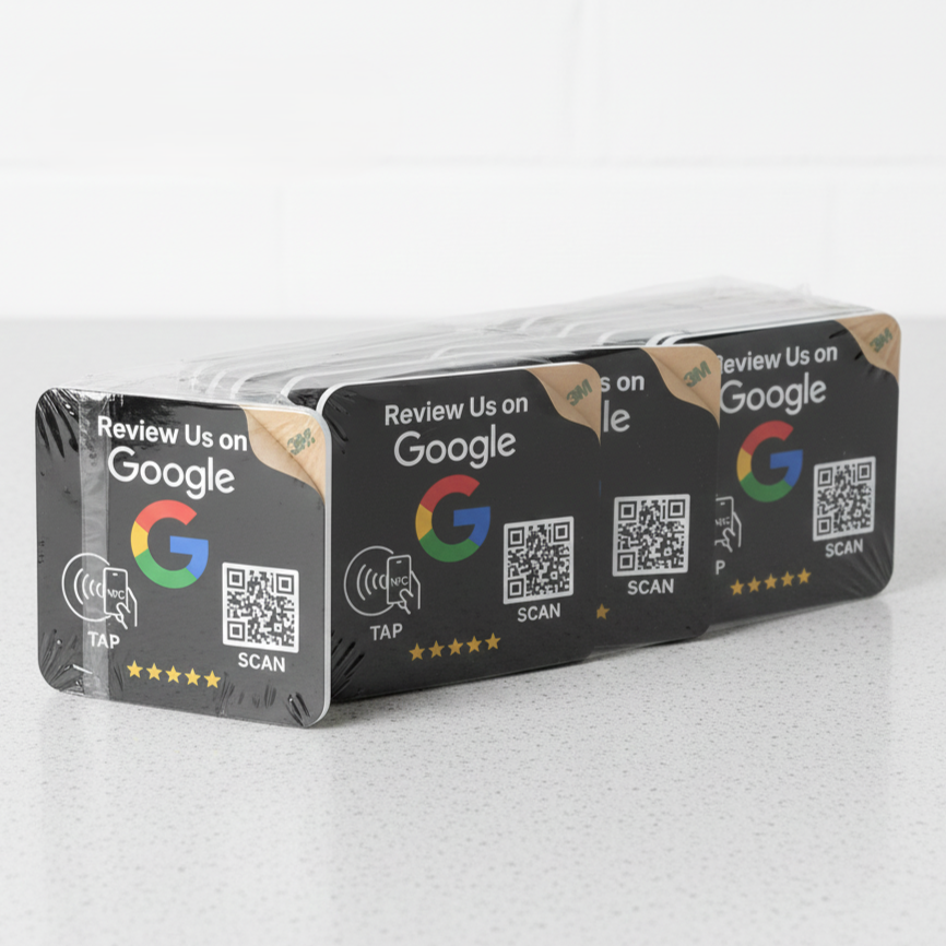Black NFC review cards with Google logo, QR code, and tap/scan icons for customer feedback collection and reputation management