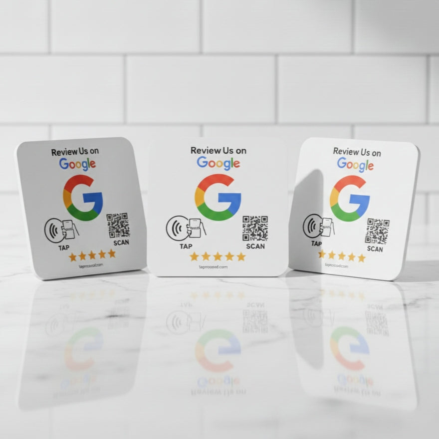 Google Review Sign – 4x4 Inch Black Plaque, NFC & QR Code, Tap to Collect 5-Star Reviews Instantly, Countertop Display | TAPr