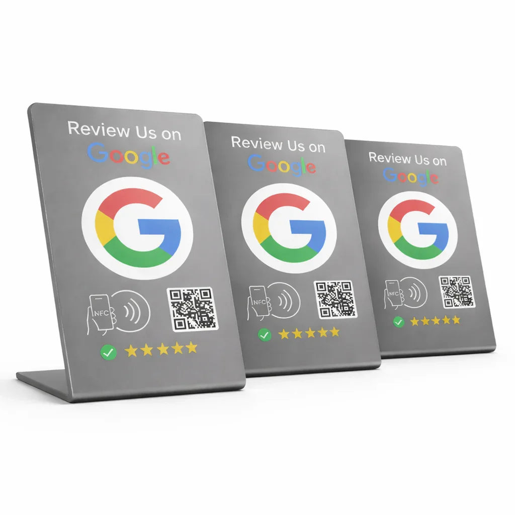 Gray NFC review stands with Google logo, QR code, and 5-star rating for contactless customer feedback collection