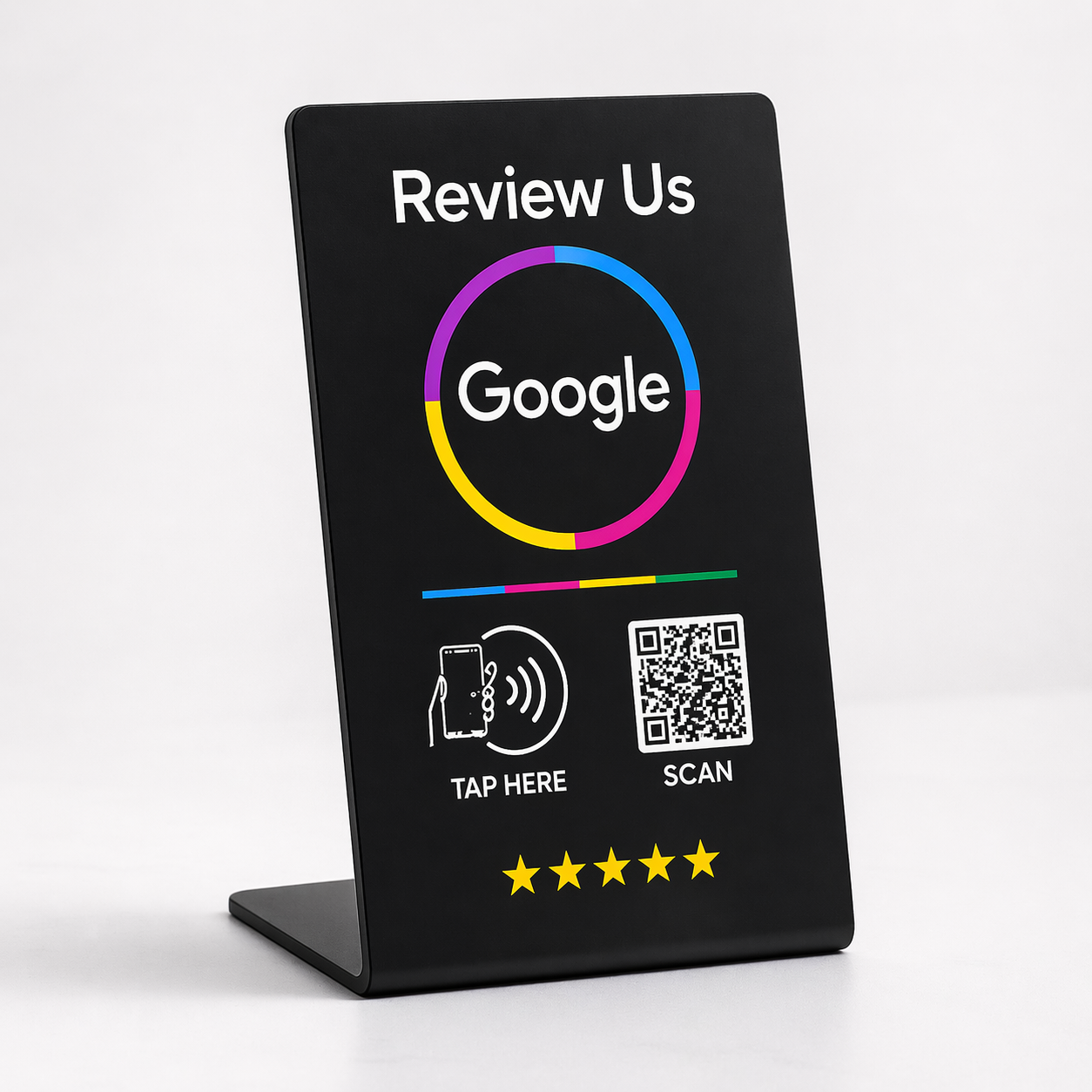 Black NFC Google Review stand with QR code and tap to review technology