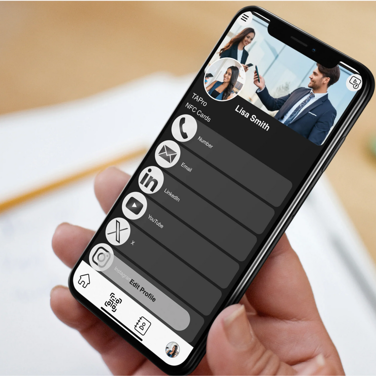 NFC business card app on smartphone displaying contact info and social links for instant digital sharing