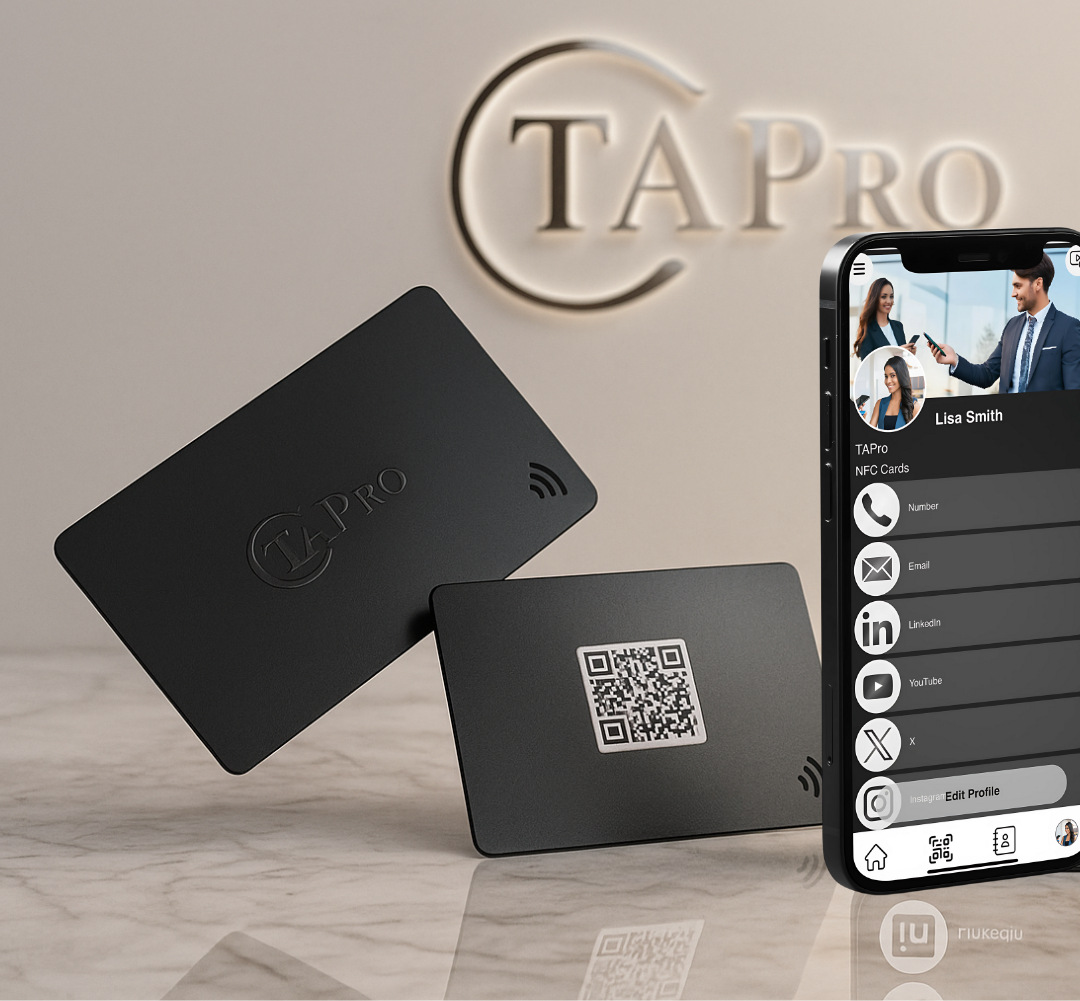 Black card with TAPro branding and QR code, next to a smartphone displaying a profile app.