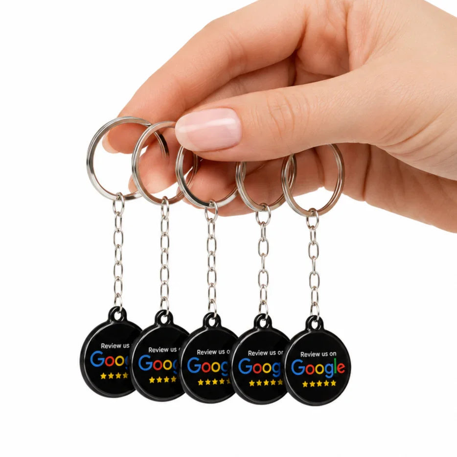 Premium TAPro NFC Google Review keychains held by contractor in work overalls with tools, realistic business review growth product for contractors and service professionals