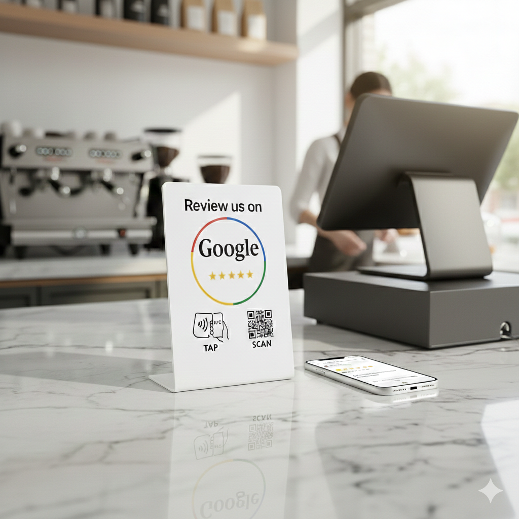 NFC Google review stand with QR code for customer review collection on a cafe counter