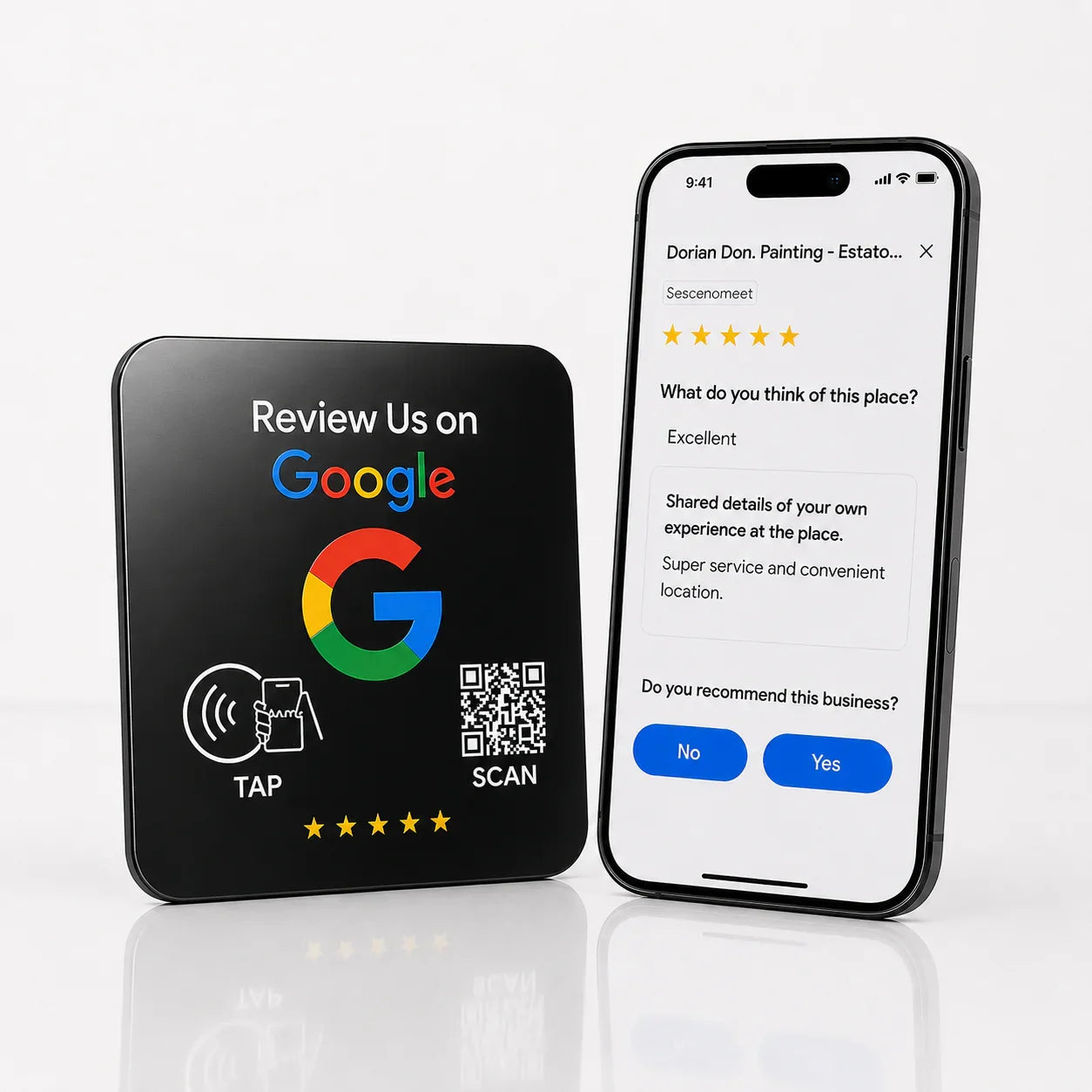 Black NFC review plate with Google logo, tap/scan icons, and QR code beside smartphone showing 5-star Google review form for local business feedback.