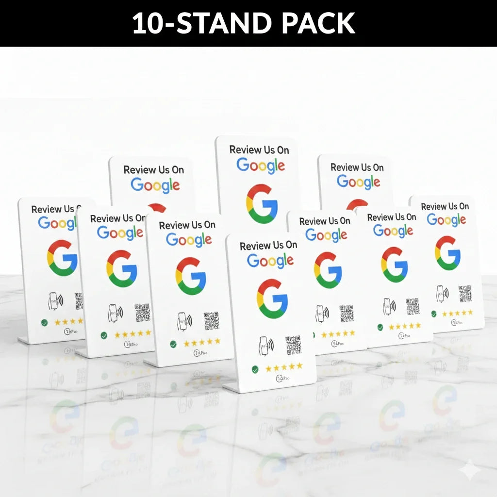 White NFC review stands with Google logo, QR code, and 5-star rating for contactless customer feedback collection