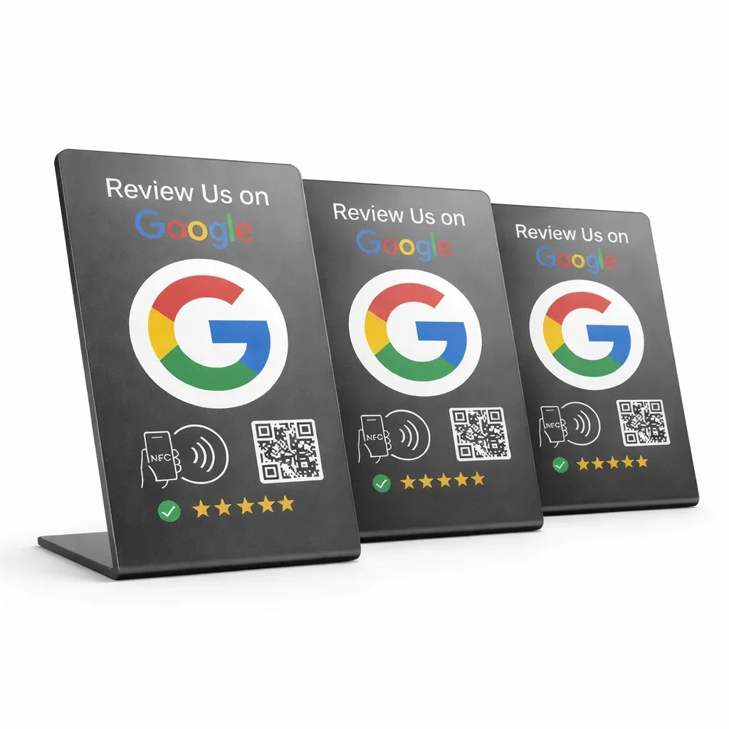 Black NFC review stand with Google logo, QR code, and 5-star rating for instant customer feedback collection