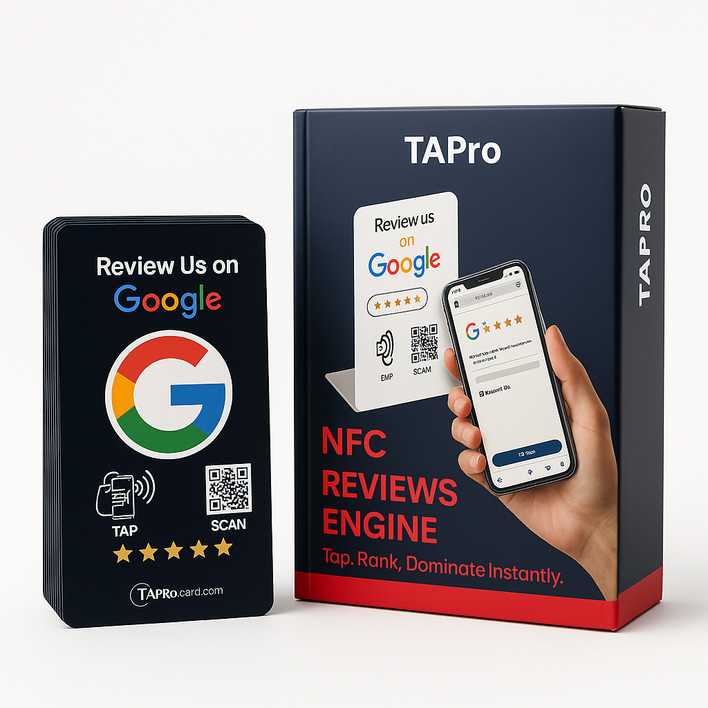 Black and white TAPro Google Review Stands with built-in NFC and QR for fast customer reviews.