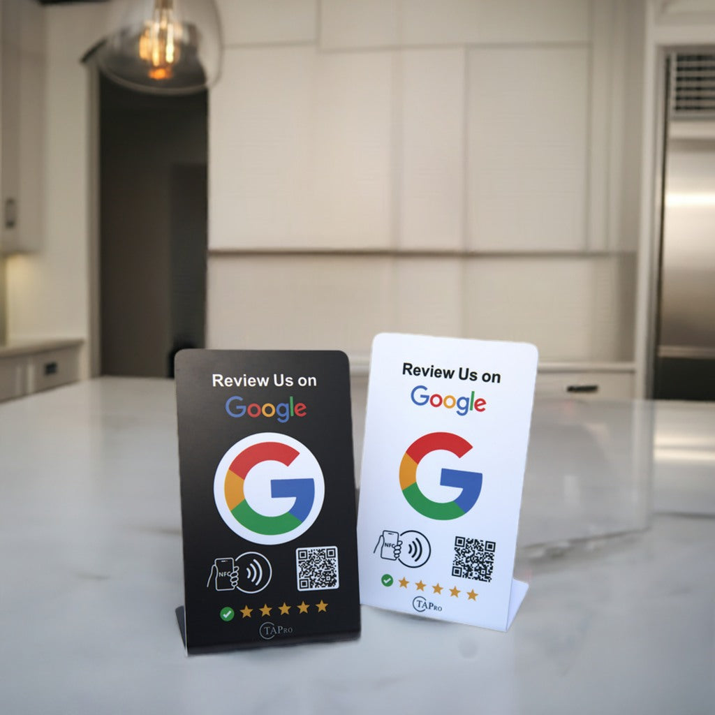 Black and white TAPro Google Review Stands with built-in NFC and QR for fast customer reviews.
