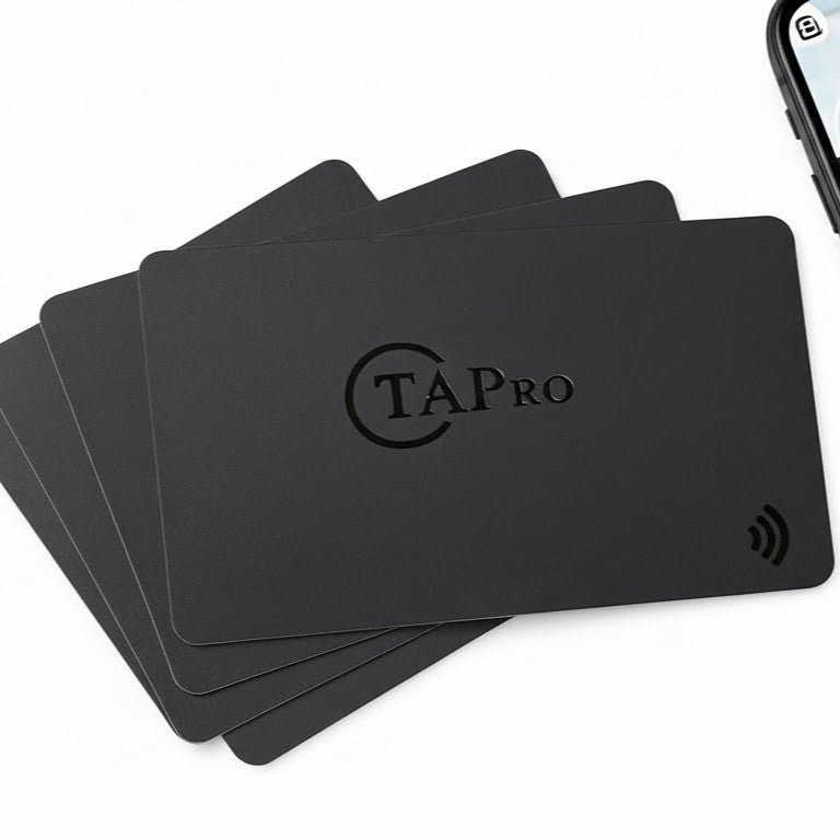 Black NFC review cards with tap-to-review tech for Google reviews & customer feedback collection