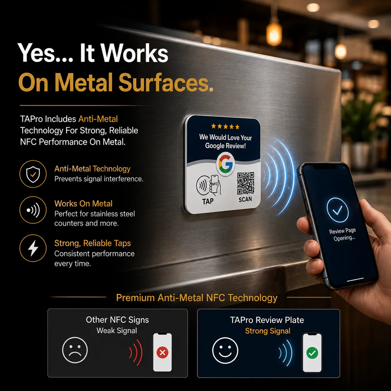 Weatherproof NFC review plate on metal counter, tapped by phone for Google reviews, featuring anti-metal tech and QR scan option