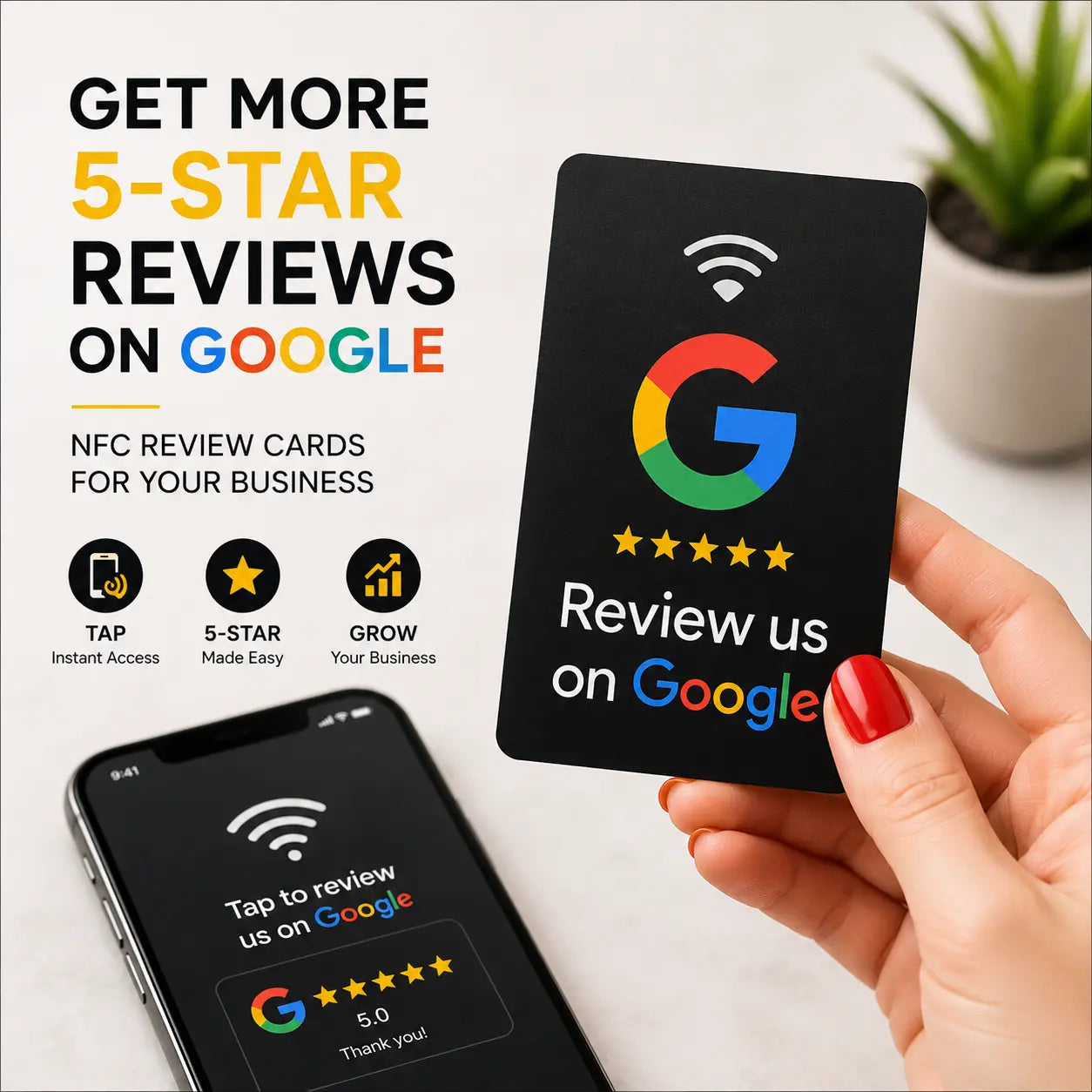 A hand with red nail polish holds a black Google review card showing a large colorful Google G logo and five stars. A smartphone at the bottom left displays the review interface, and marketing text on the left says 'Get more 5-star reviews on Google' with feature icons.