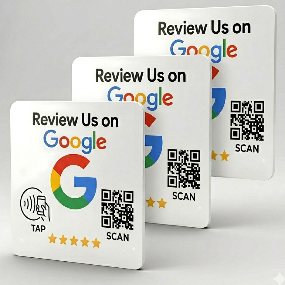 White NFC review cards with Google logo, QR code, tap icon, and 5 stars for customer feedback collection and reputation management