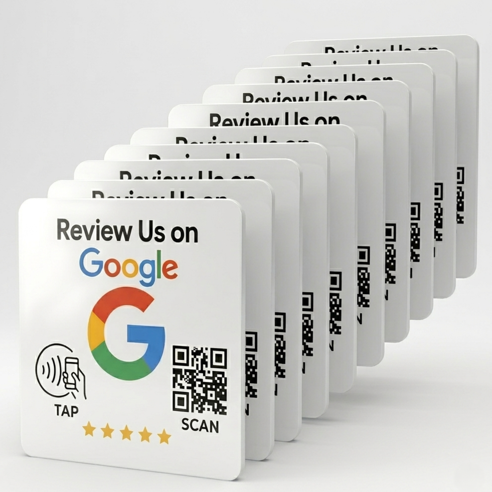 White NFC review cards with Google logo, QR code, tap icon, and 5 stars for customer feedback collection