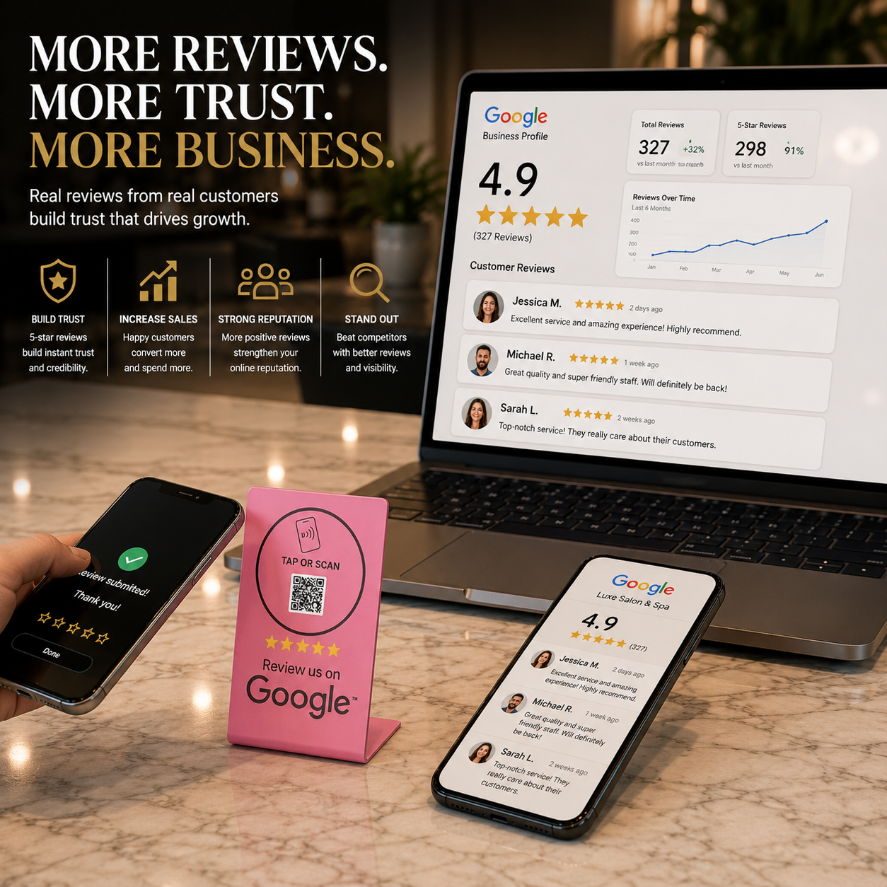 Pink Google Review Stand – NFC + QR Tap to Review