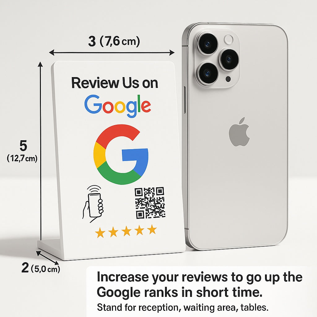 Smartphone with dimensions and Google review prompt on a white background