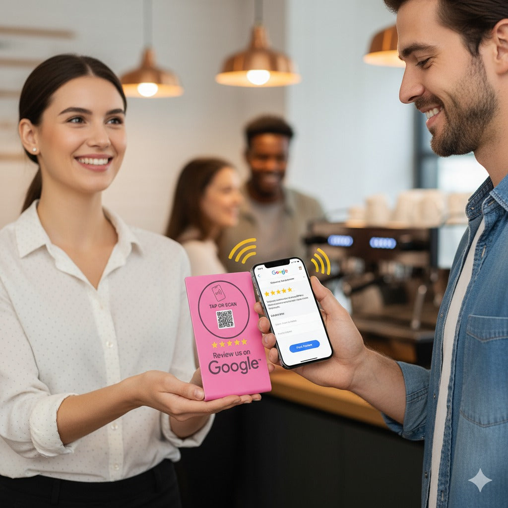 pink-google-review-stand-qr-code-nfc-chip
