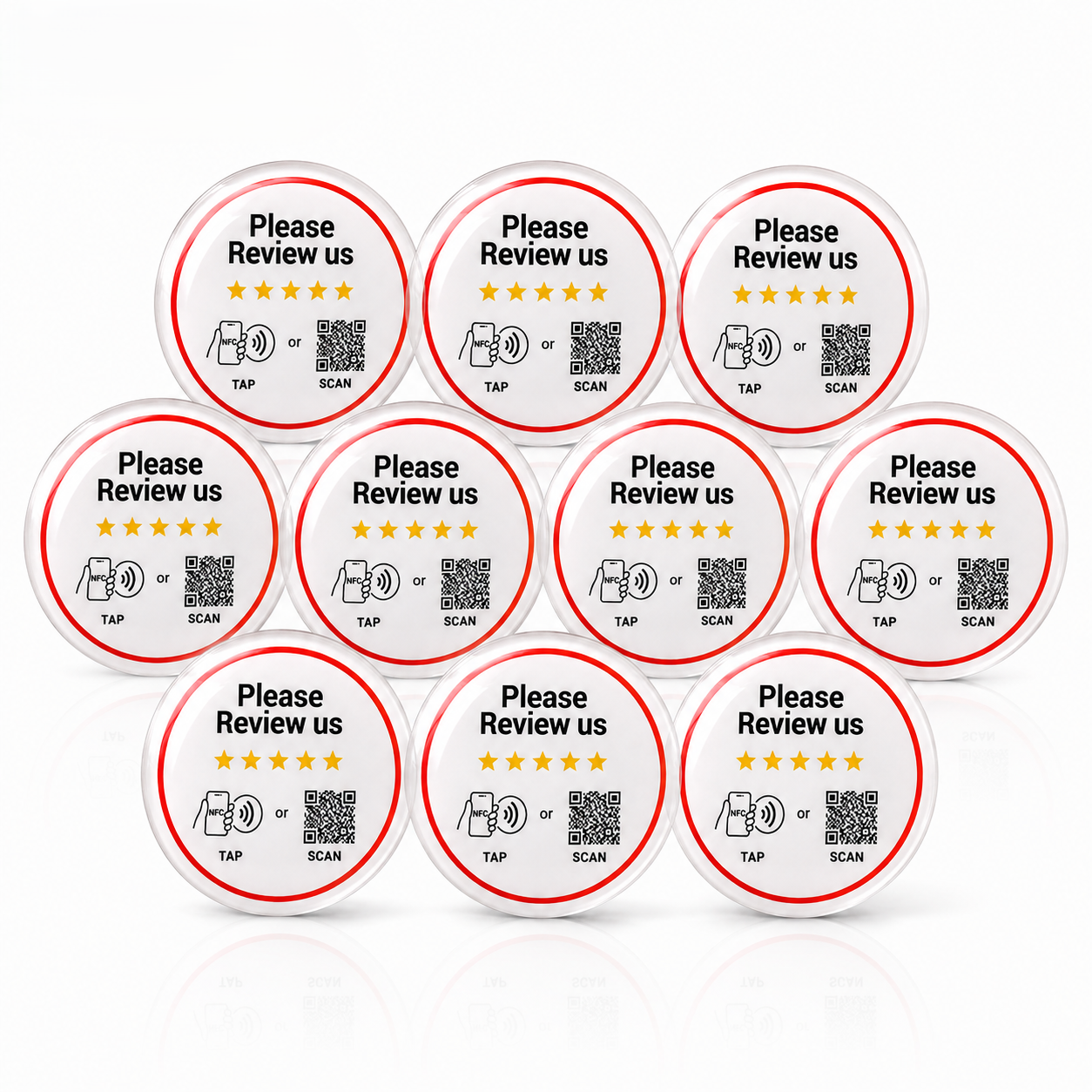 Ten pack of TAPro white round NFC Google review stickers for multiple business locations