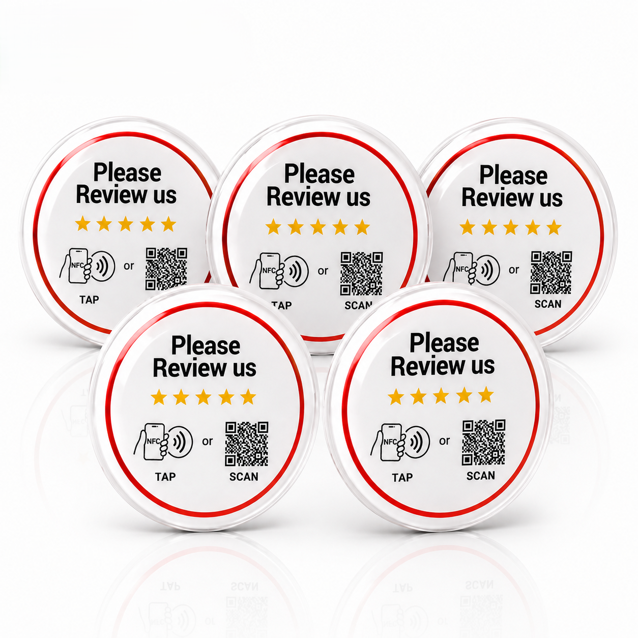 Five pack of TAPro white round Google review NFC stickers with QR codes