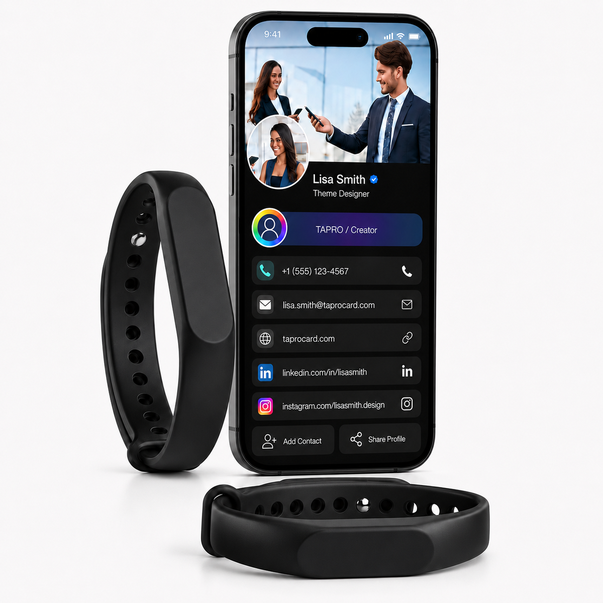 A black smart band shown in three views: standing vertically on the left, lying horizontally at the bottom, and attached to a smartphone on the right. The phone screen displays a mock contact profile.