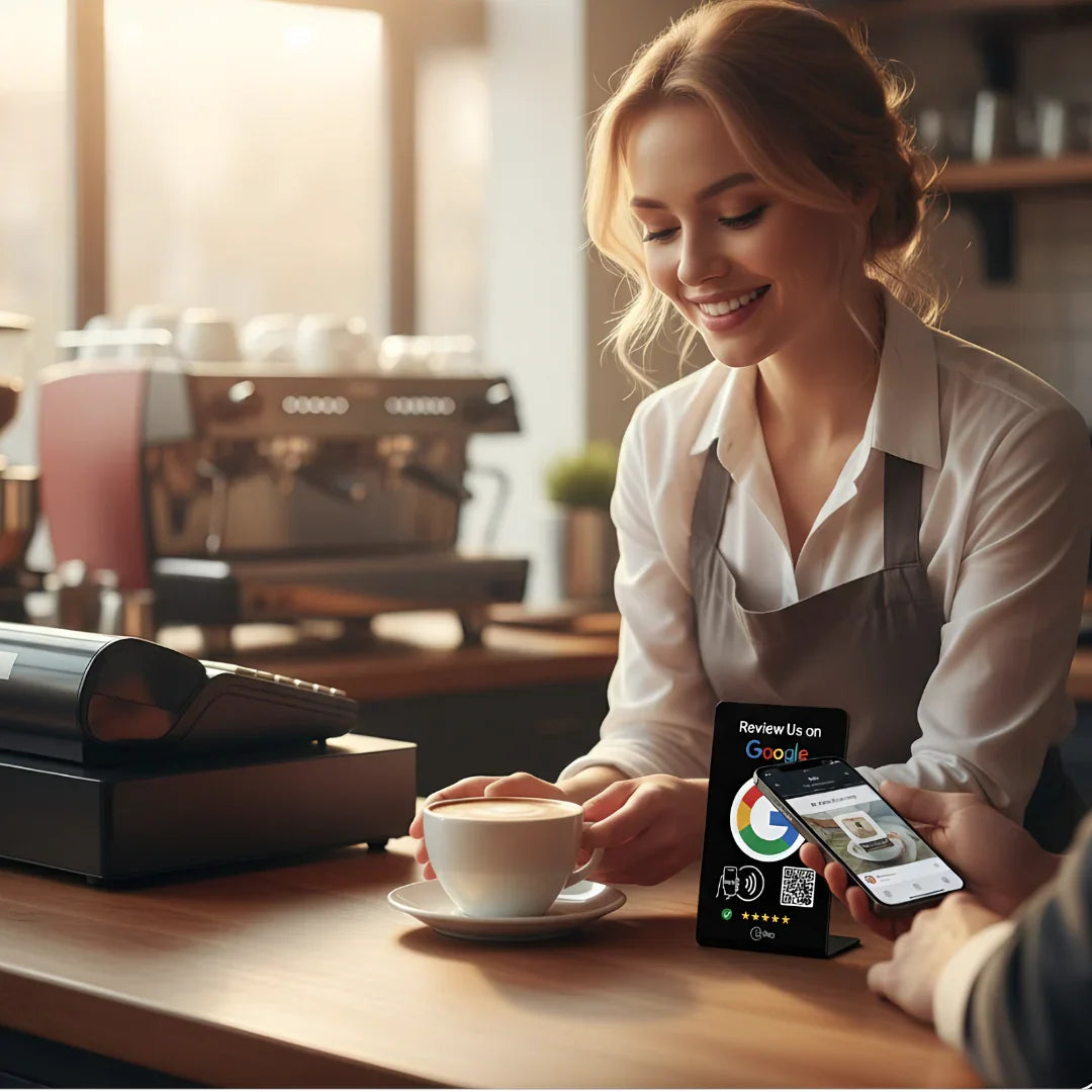 4. black and white Google review stands with tap to review NFC technology
