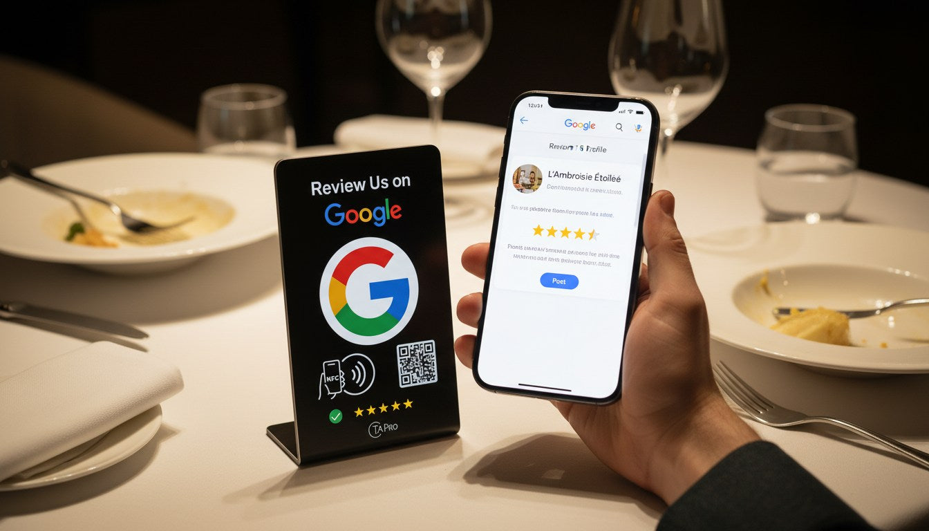 Black and white TAPro Google Review Stands with built-in NFC and QR for fast customer reviews.