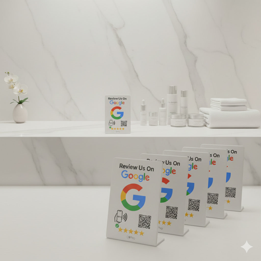 5 NFC Google Review Sign, Marketing Tool, White  No Fees | Google Review QR Code for Business | Review Us on Google Feedback Sign-TAPro