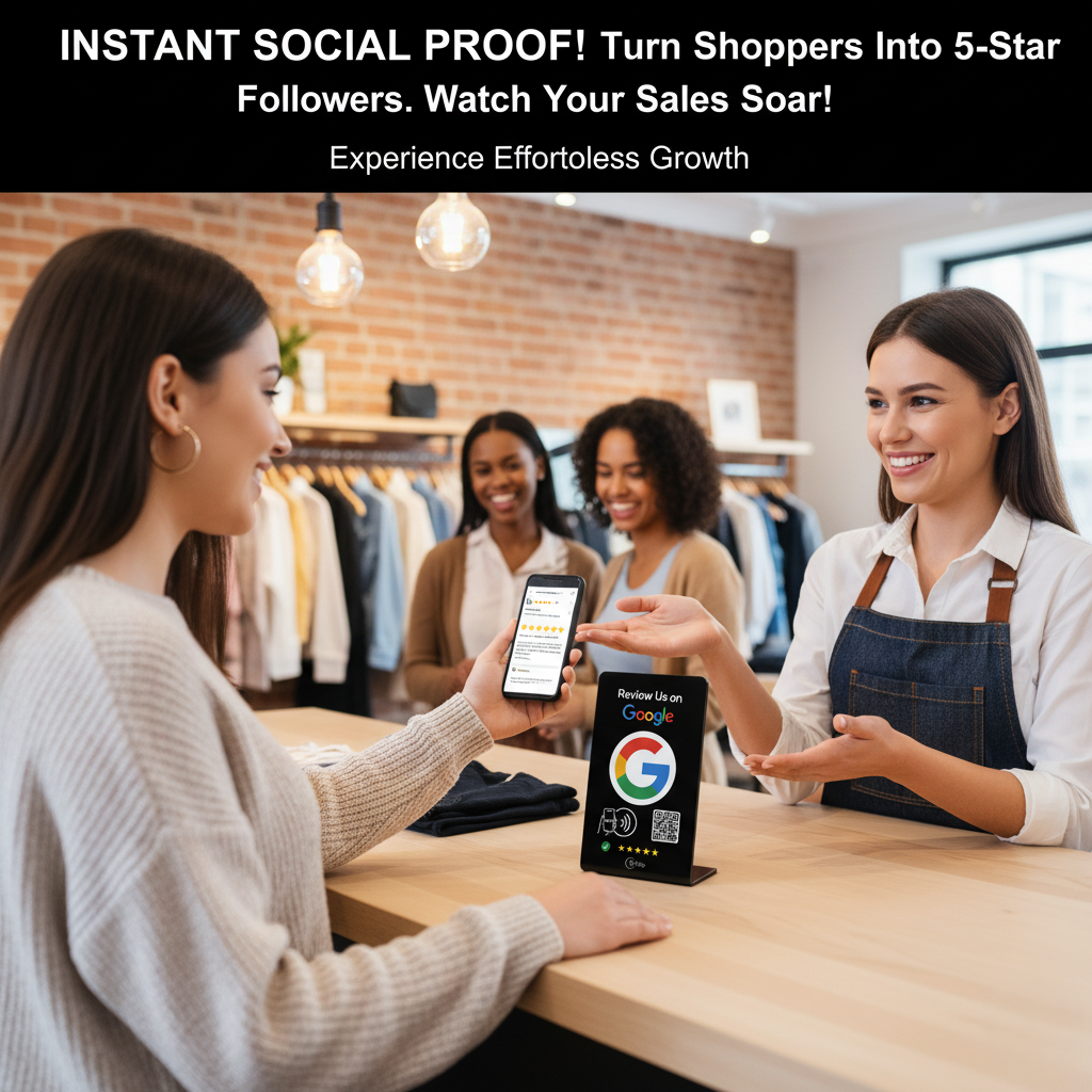 Business owner increasing customer reviews using a professional NFC review management system