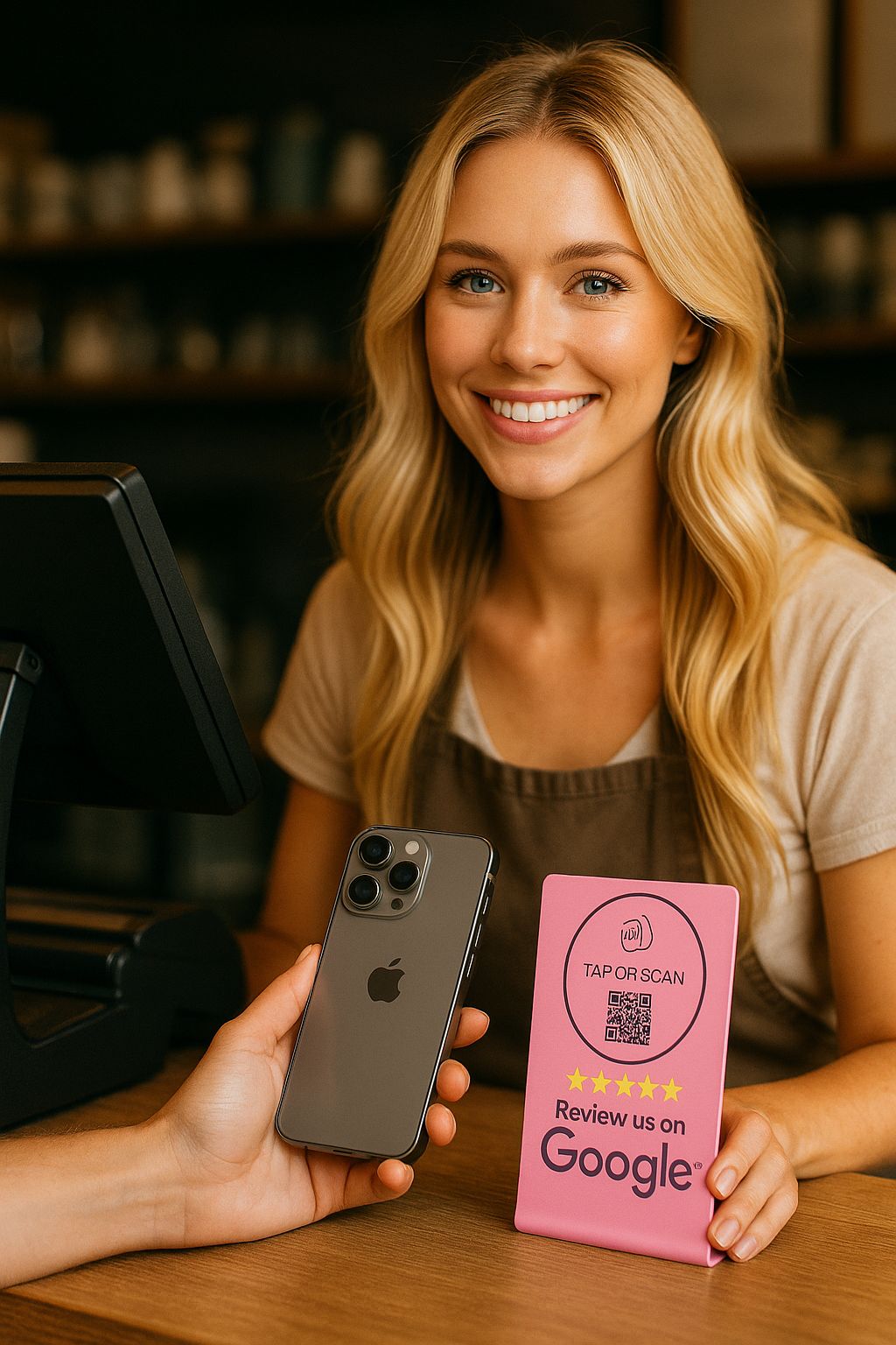 Premium Pink Tap Google Review Stand – Best Google Review Tool for Salons, Cafés, and Retail Counters