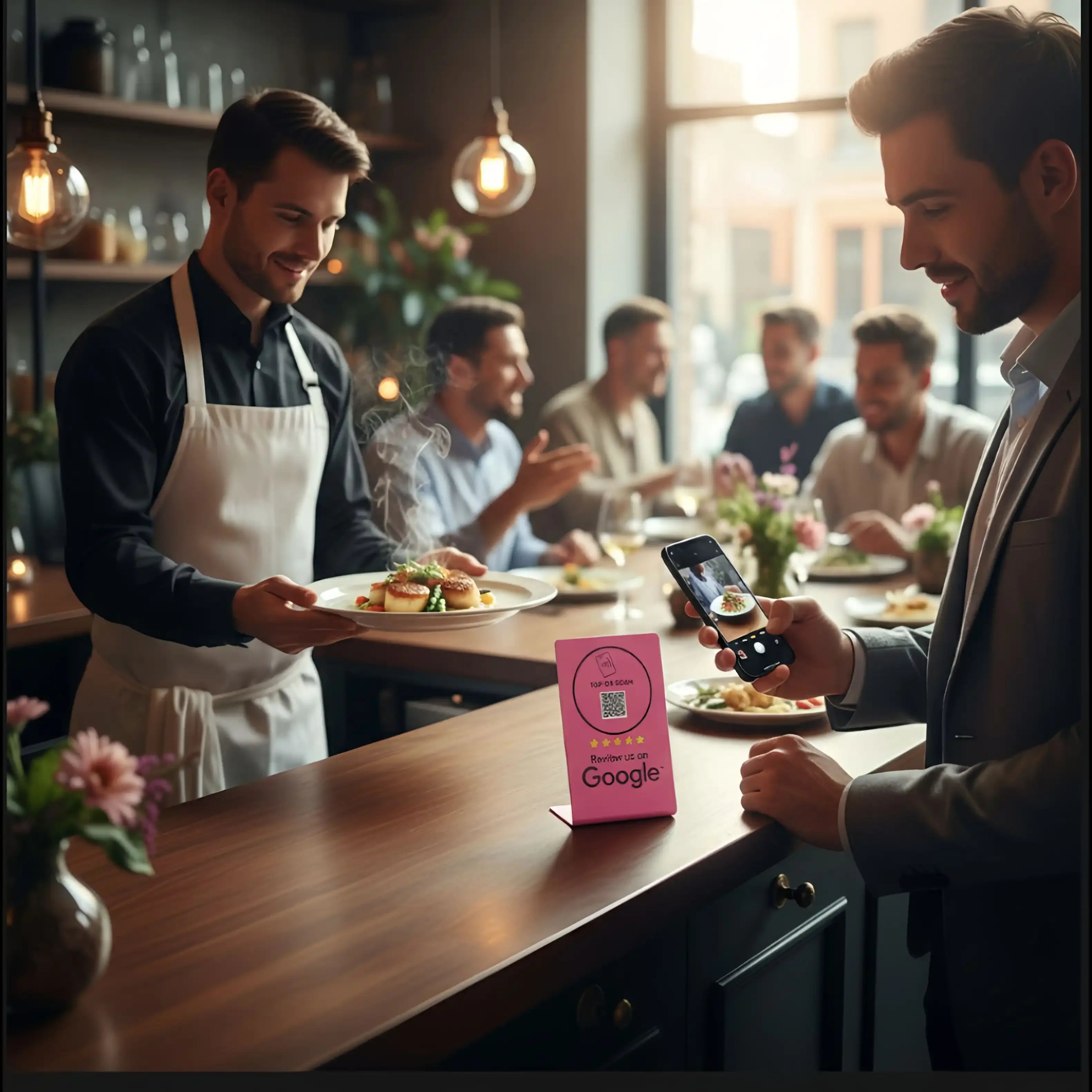 Pink NFC QR review card on restaurant counter for Google feedback, customer scanning with phone beside chef serving food