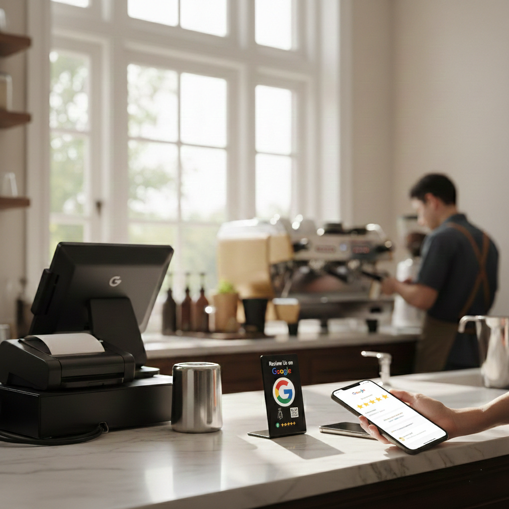 Coffee shop countertop NFC Google Review Stand for collecting customer feedback instantly
