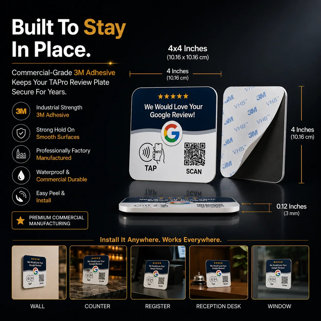 4x4 inch waterproof NFC review plate with QR code, tap-to-review design, 3M adhesive backing for walls, counters, or windows to boost Google reviews.